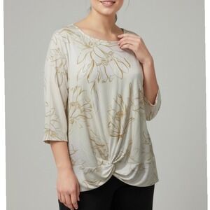 Alfani Womens 3X White Gold Floral Knot Front 3/4 Sleeve Scoop Neck Top Blouse